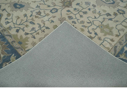 Custom Made Tufted Beige and Blue Traditional Wool Oushak Rug.