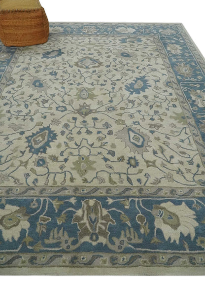 Custom Made Tufted Beige and Blue Traditional Wool Oushak Rug.