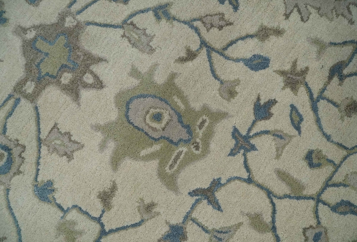 Custom Made Tufted Beige and Blue Traditional Wool Oushak Rug.