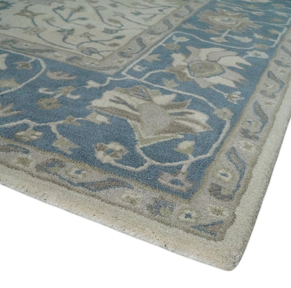 Custom Made Tufted Beige and Blue Traditional Wool Oushak Rug.