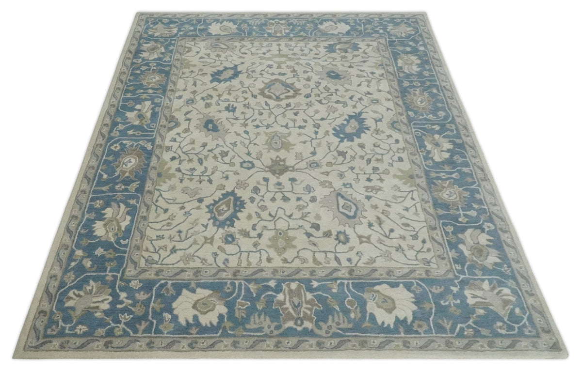 Custom Made Tufted Beige and Blue Traditional Wool Oushak Rug.