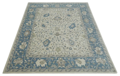 Custom Made Tufted Beige and Blue Traditional Wool Oushak Rug.