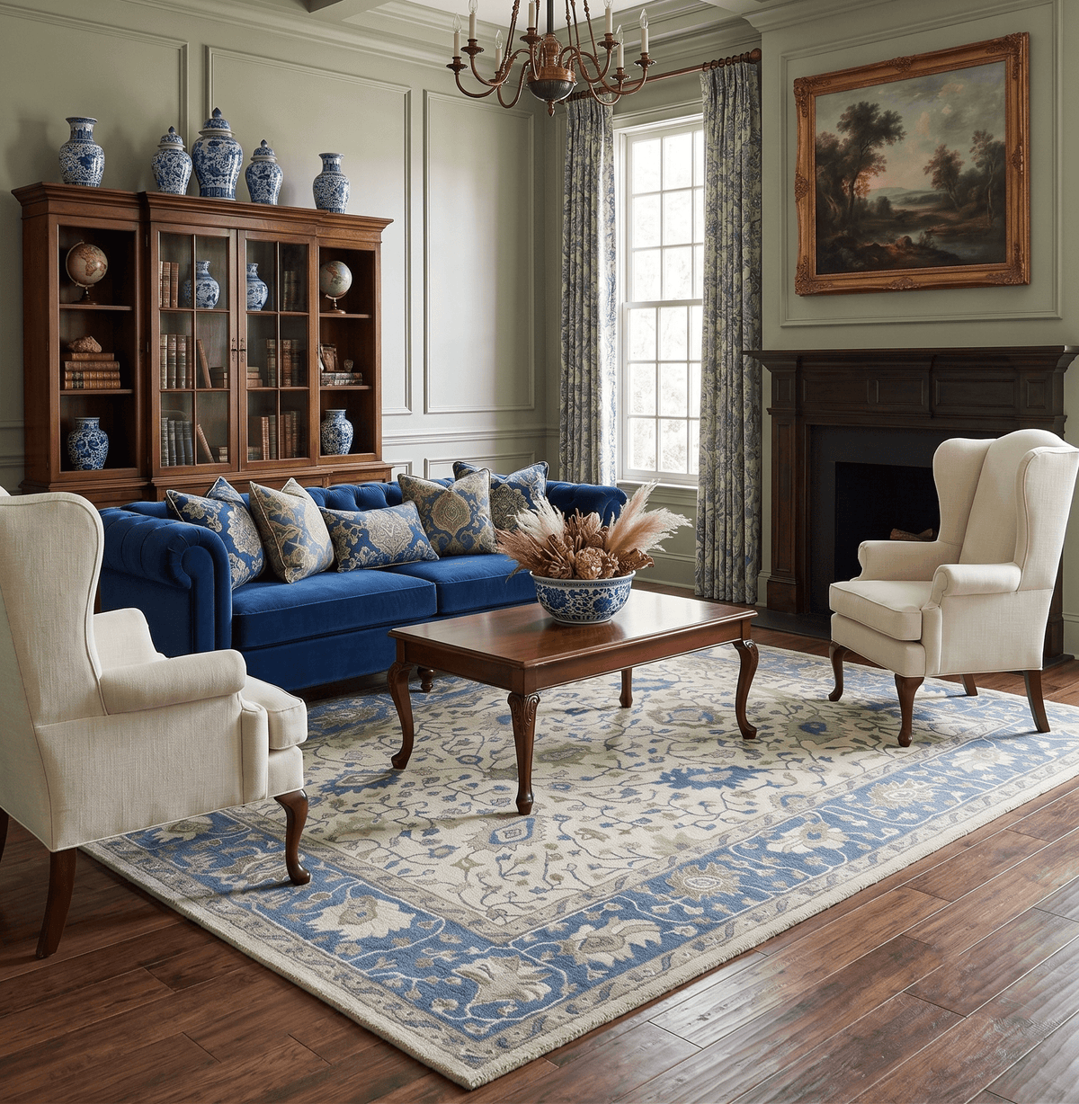 Custom Made Tufted Beige and Blue Traditional Wool Oushak Rug.