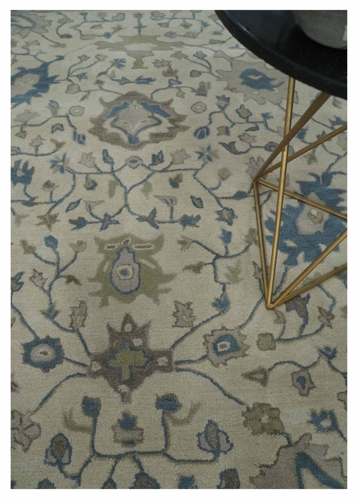Custom Made Tufted Beige and Blue Traditional Wool Oushak Rug.