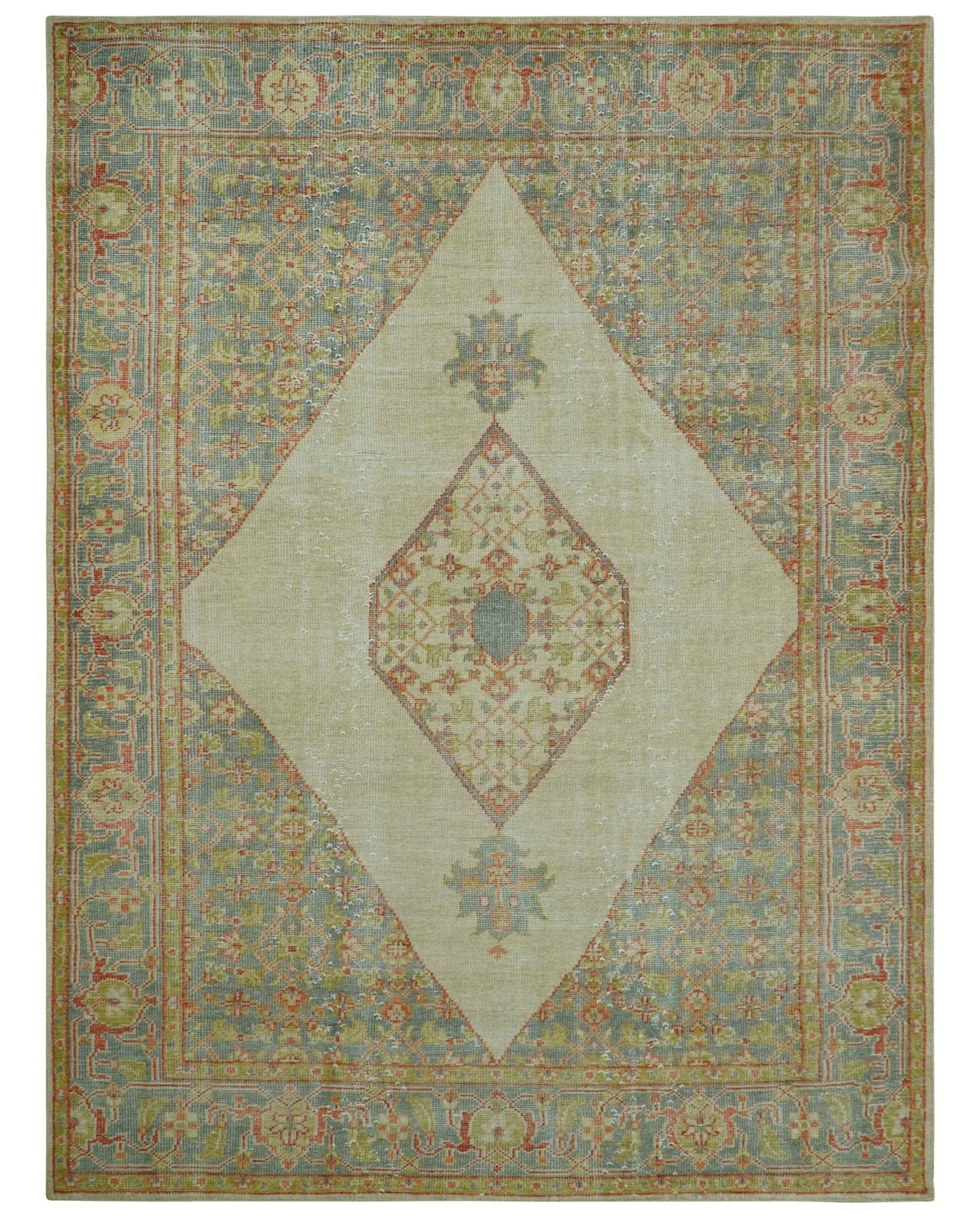 Custom Made Turkish Design Beige and Blue Hand Knotted Wool Rug.