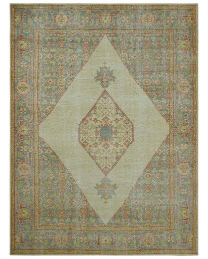 Custom Made Turkish Design Beige and Blue Hand Knotted Wool Rug.