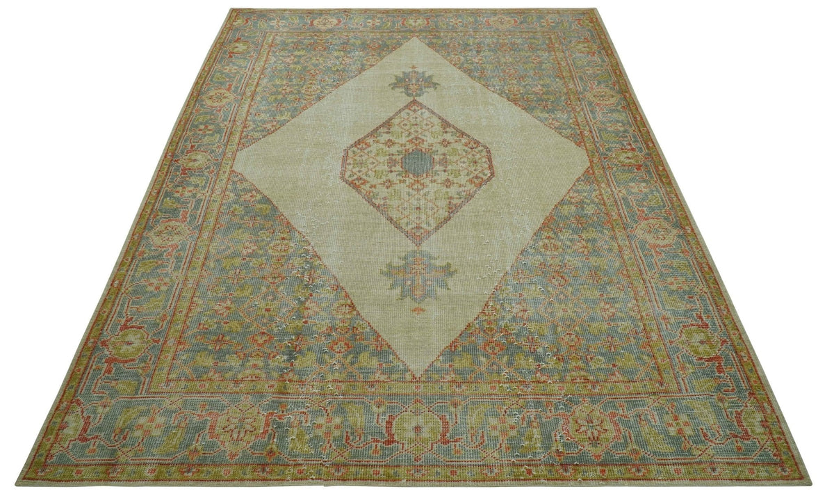 Custom Made Turkish Design Beige and Blue Hand Knotted Wool Rug.