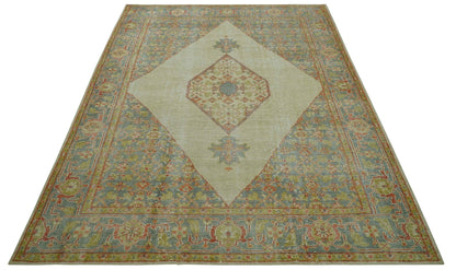Custom Made Turkish Design Beige and Blue Hand Knotted Wool Rug.
