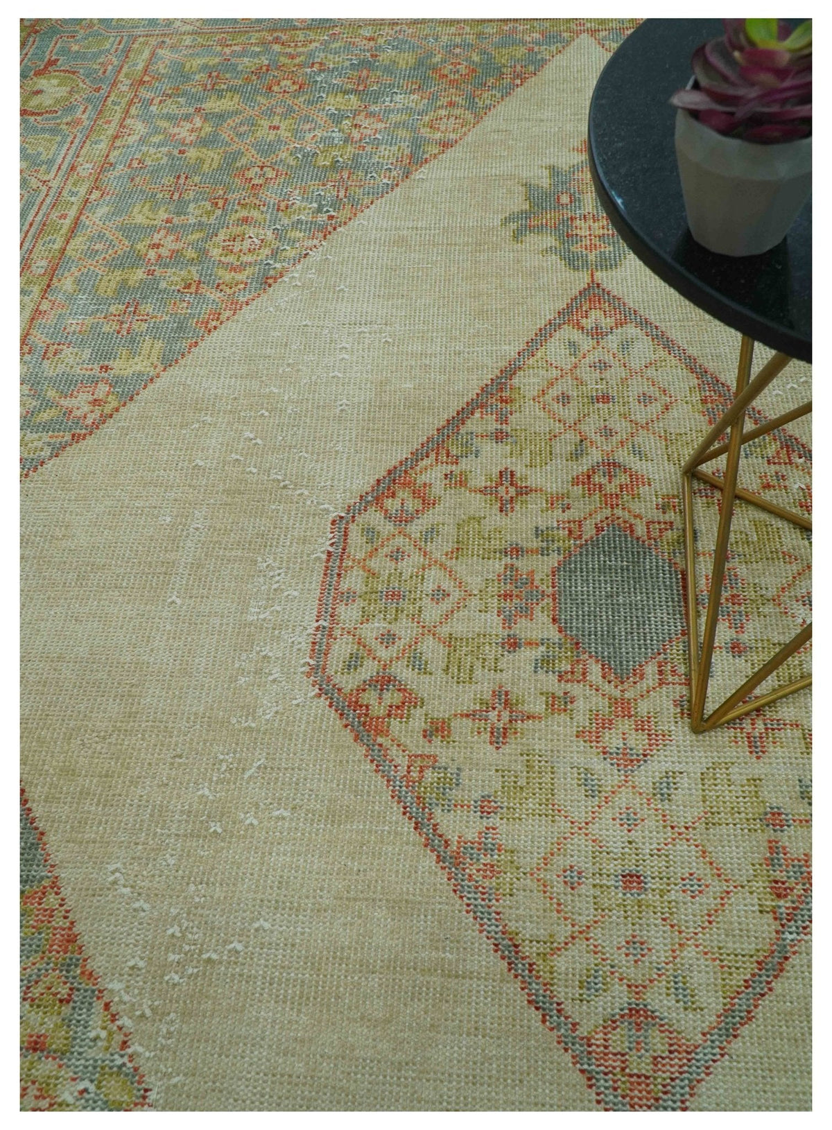 Custom Made Turkish Design Beige and Blue Hand Knotted Wool Rug.