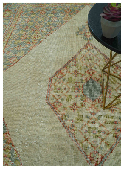 Custom Made Turkish Design Beige and Blue Hand Knotted Wool Rug.