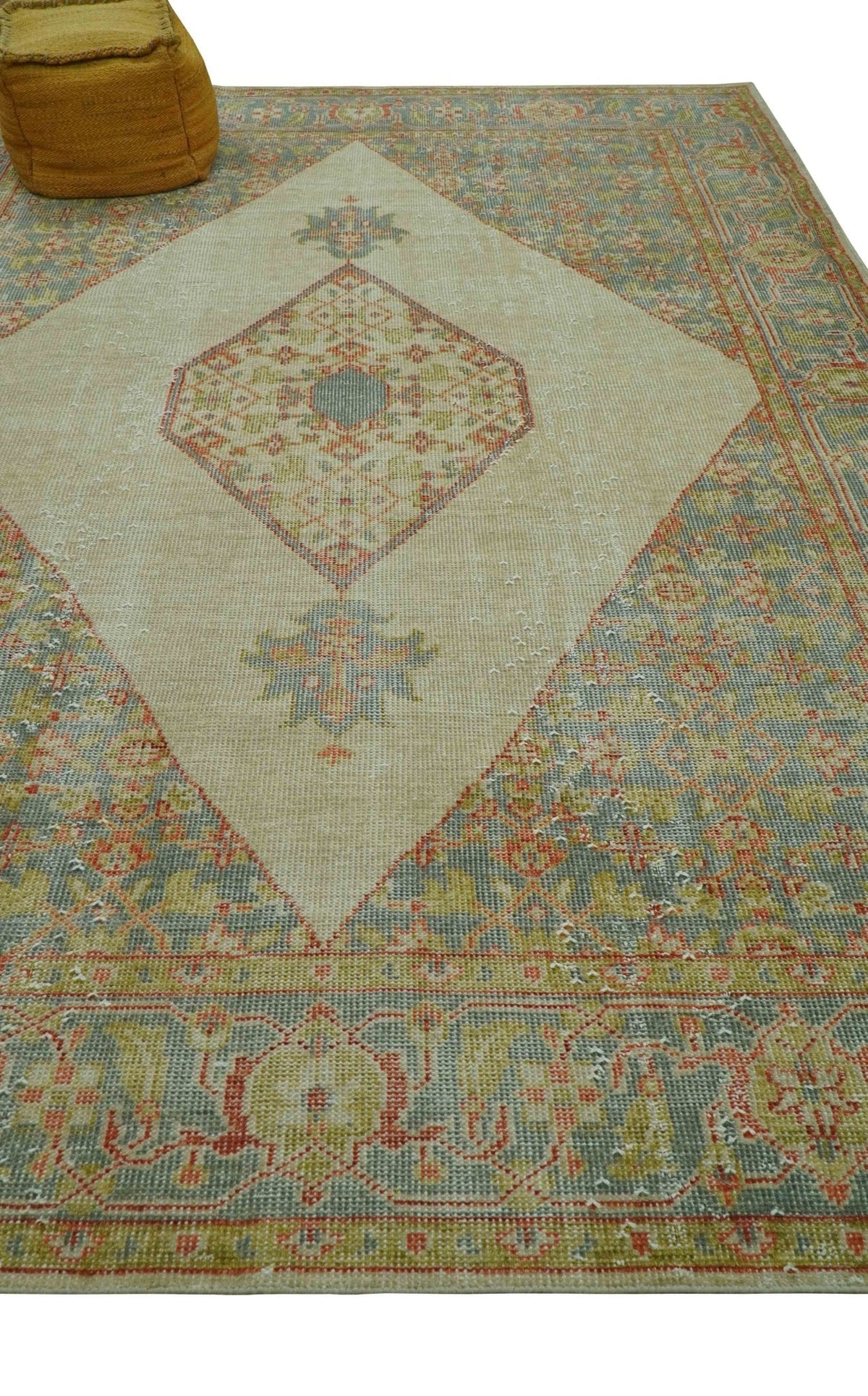 Custom Made Turkish Design Beige and Blue Hand Knotted Wool Rug.