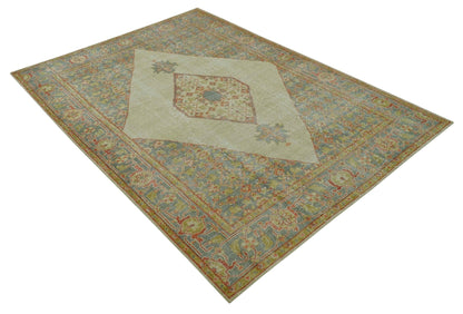 Custom Made Turkish Design Beige and Blue Hand Knotted Wool Rug.