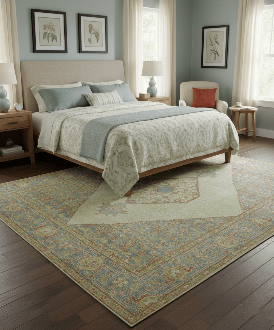 Custom Made Turkish Design Beige and Blue Hand Knotted Wool Rug.