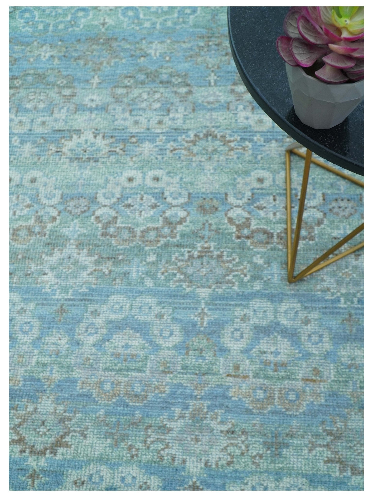 Custom Made Turkish Design Blue And Gray Hand Knotted Afghan Wool Area Rug.
