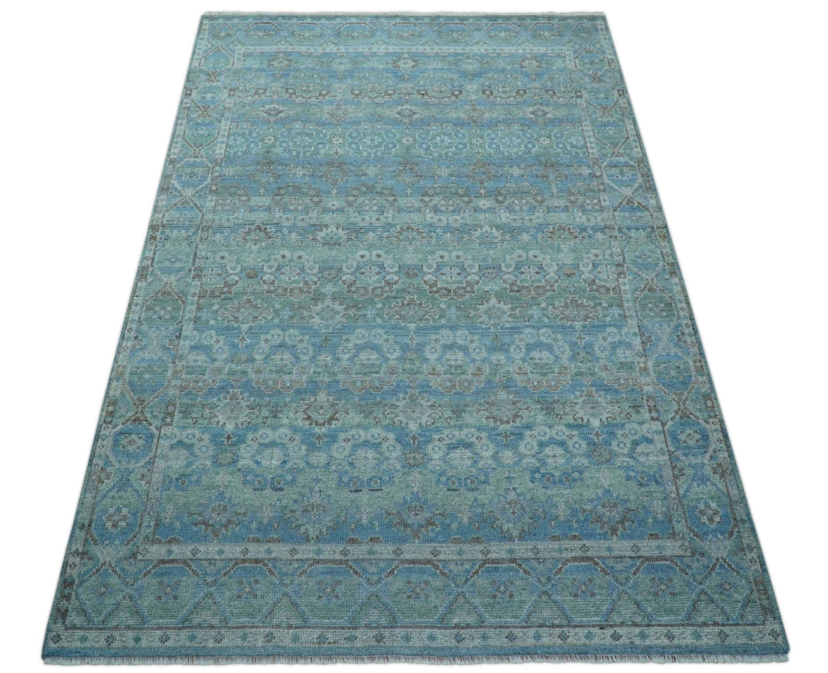 Custom Made Turkish Design Blue And Gray Hand Knotted Afghan Wool Area Rug.