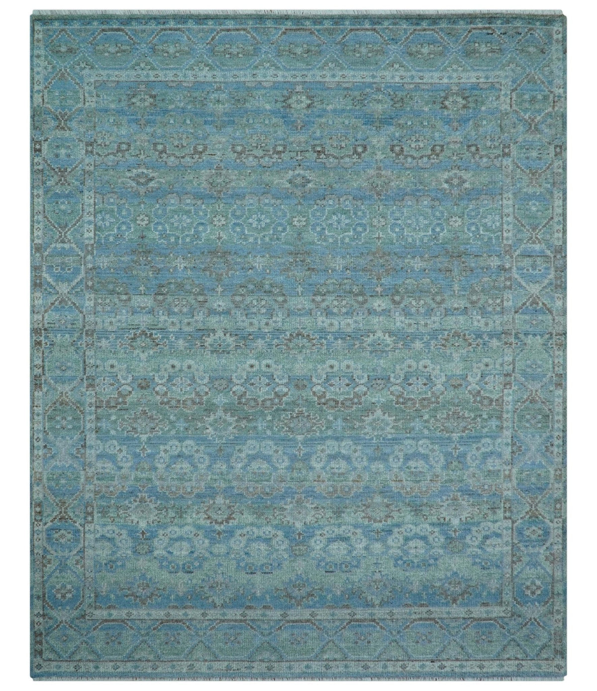 Custom Made Turkish Design Blue And Gray Hand Knotted Afghan Wool Area Rug.