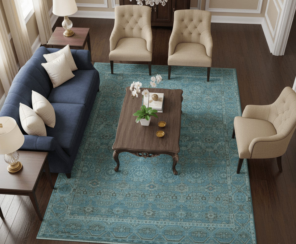 Custom Made Turkish Design Blue And Gray Hand Knotted Afghan Wool Area Rug.