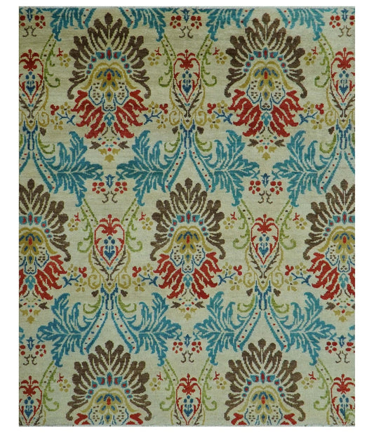 Custom Made Vintage Floral Ikat Design Beige And Blue Hand Knotted Wool Rug.