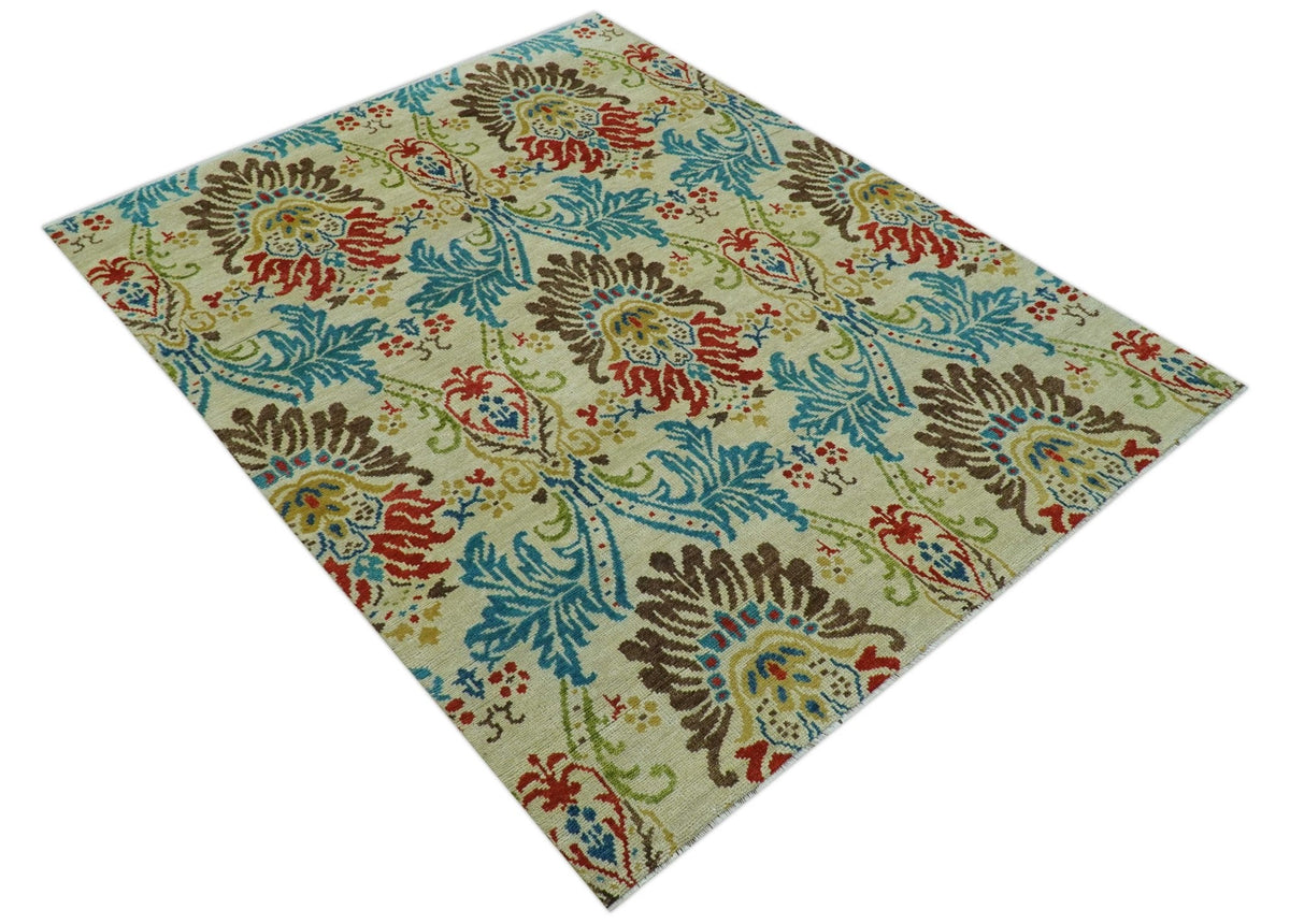 Custom Made Vintage Floral Ikat Design Beige And Blue Hand Knotted Wool Rug.