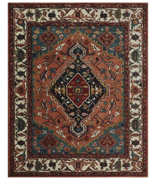 Custom Made Vintage Style Black, Rust, Teal and Ivory Hand Tufted Traditional wool Area Rug.
