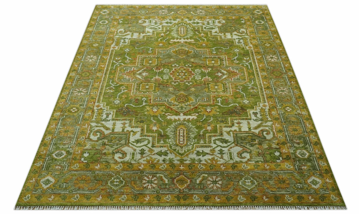 Custom Made Vintage Style Green, Silver and Gold Hand Knotted Traditional Heriz wool area rug.