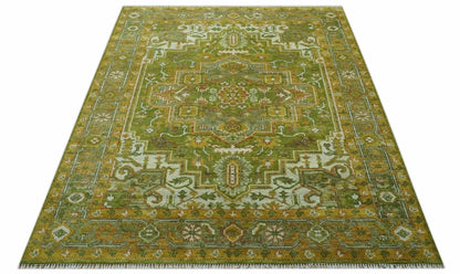 Custom Made Vintage Style Green, Silver and Gold Hand Knotted Traditional Heriz wool area rug.
