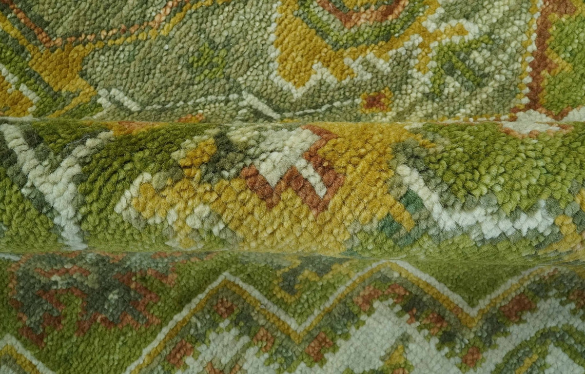 Custom Made Vintage Style Green, Silver and Gold Hand Knotted Traditional Heriz wool area rug.