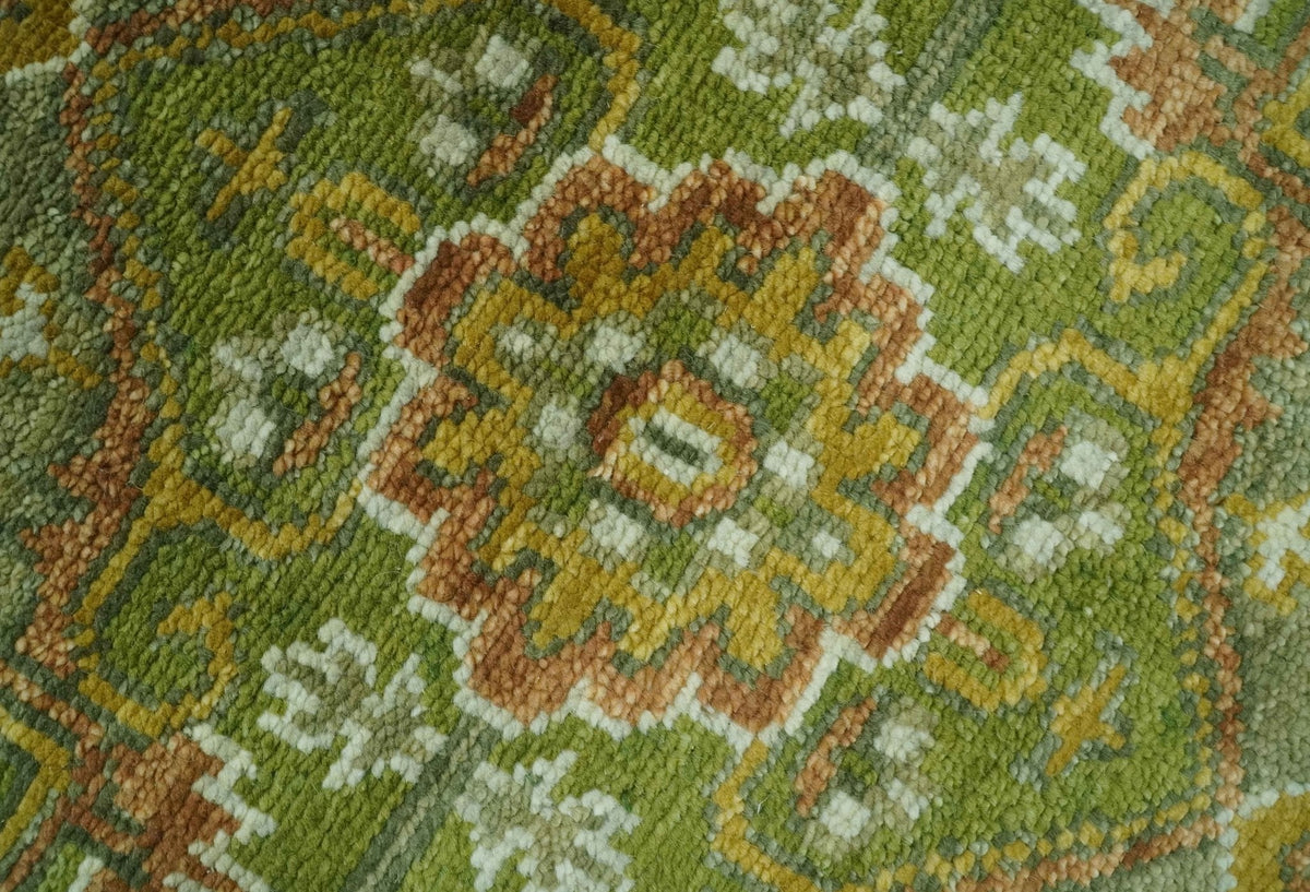 Custom Made Vintage Style Green, Silver and Gold Hand Knotted Traditional Heriz wool area rug.