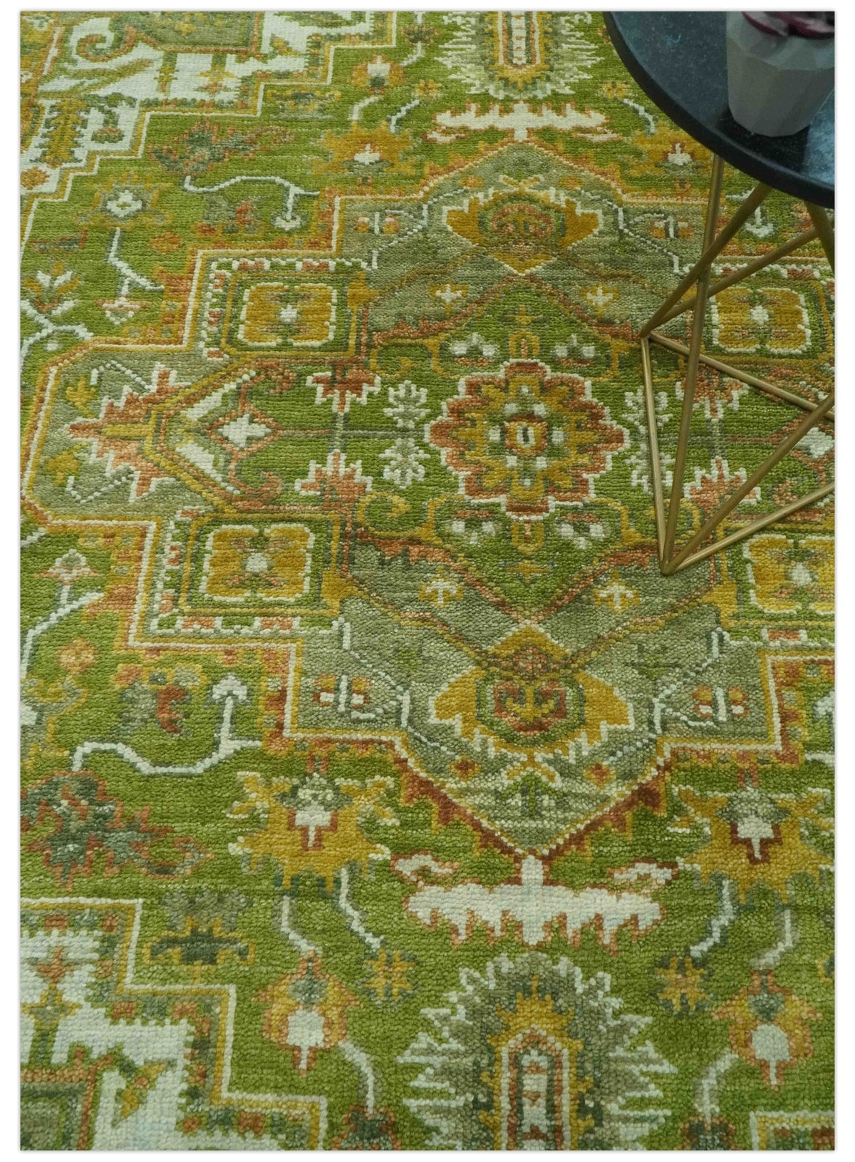 Custom Made Vintage Style Green, Silver and Gold Hand Knotted Traditional Heriz wool area rug.