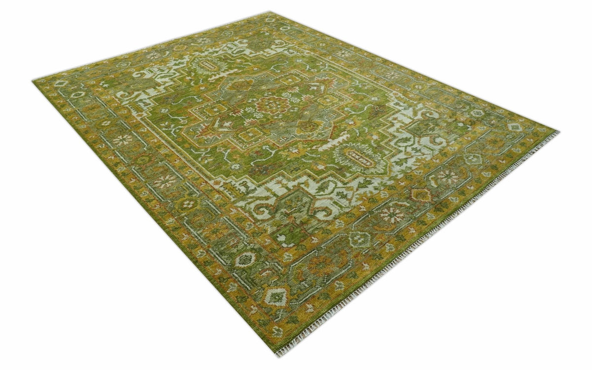 Custom Made Vintage Style Green, Silver and Gold Hand Knotted Traditional Heriz wool area rug.