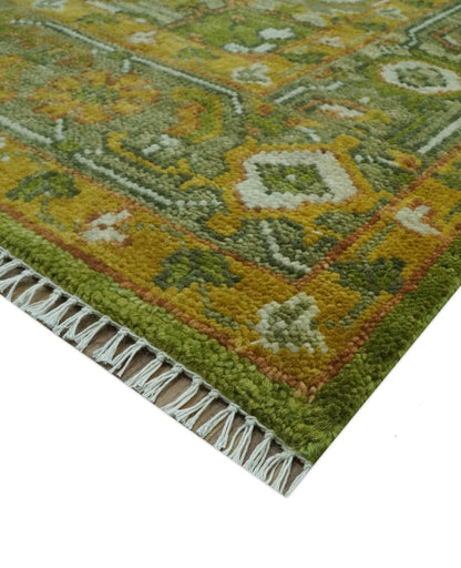 Custom Made Vintage Style Green, Silver and Gold Hand Knotted Traditional Heriz wool area rug.