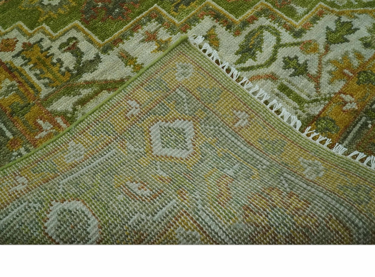 Custom Made Vintage Style Green, Silver and Gold Hand Knotted Traditional Heriz wool area rug.
