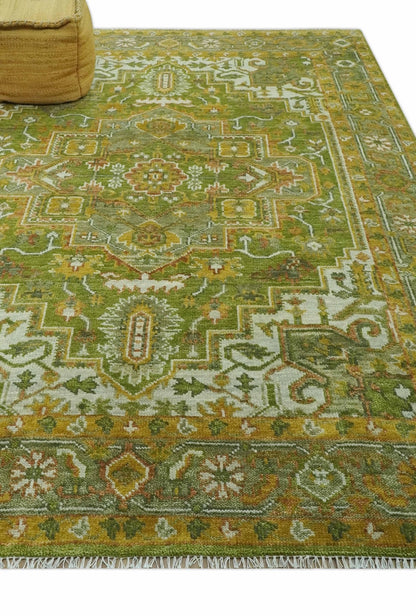 Custom Made Vintage Style Green, Silver and Gold Hand Knotted Traditional Heriz wool area rug.