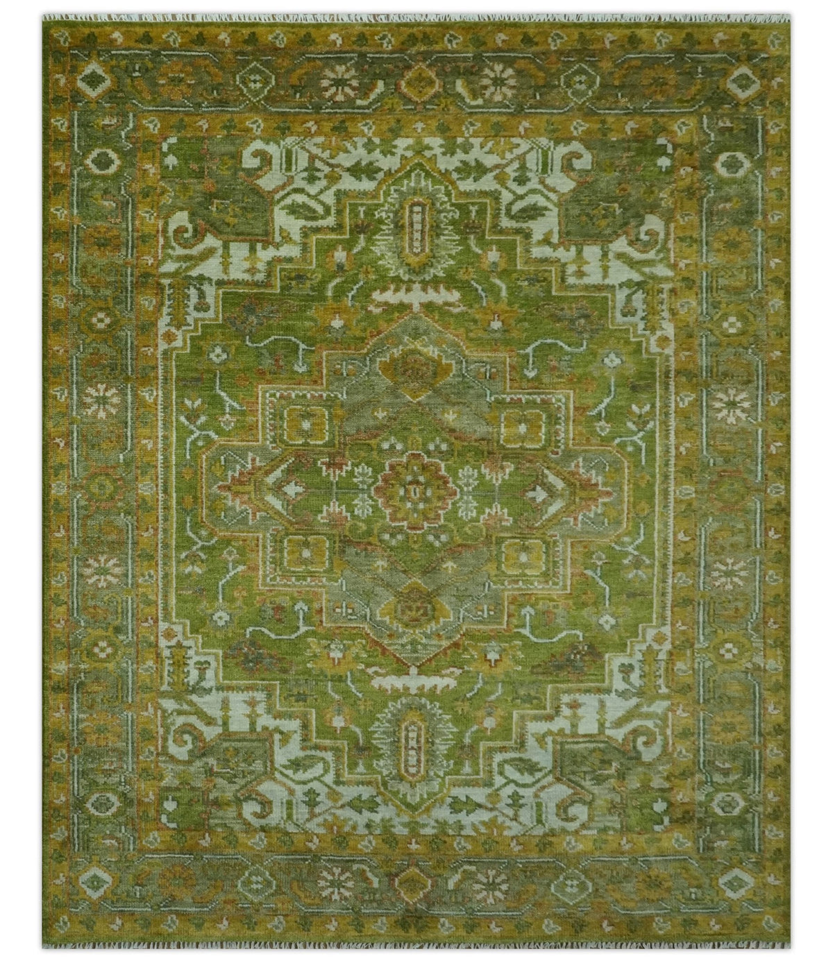 Custom Made Vintage Style Green, Silver and Gold Hand Knotted Traditional Heriz wool area rug.
