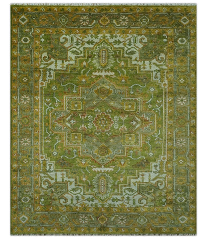 Custom Made Vintage Style Green, Silver and Gold Hand Knotted Traditional Heriz wool area rug.