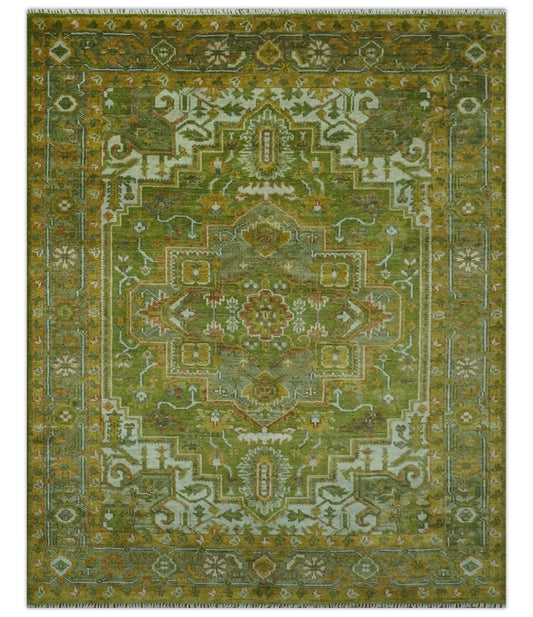 Custom Made Vintage Style Green, Silver and Gold Hand Knotted Traditional Heriz wool area rug.