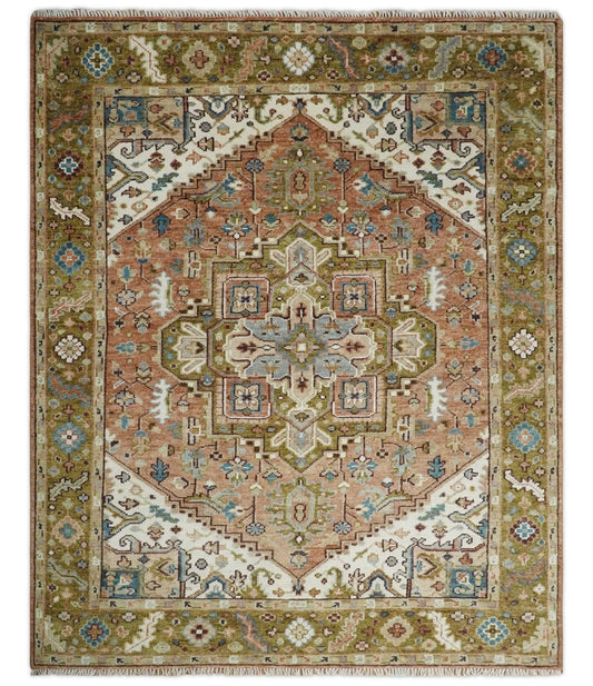 Custom Made Vintage Style Olive, Rust and Ivory Hand knotted Traditional wool Area Rug.
