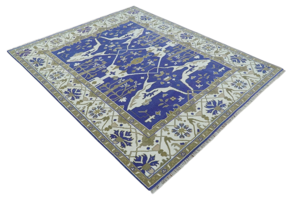 Custom Made Violet, Ivory and Olive Traditional Hand knotted Oriental Oushak wool Area Rug.