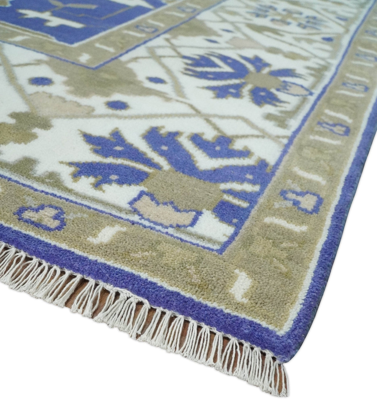 Custom Made Violet, Ivory and Olive Traditional Hand knotted Oriental Oushak wool Area Rug.