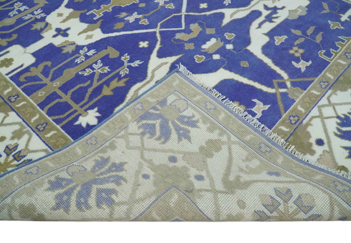 Custom Made Violet, Ivory and Olive Traditional Hand knotted Oriental Oushak wool Area Rug.