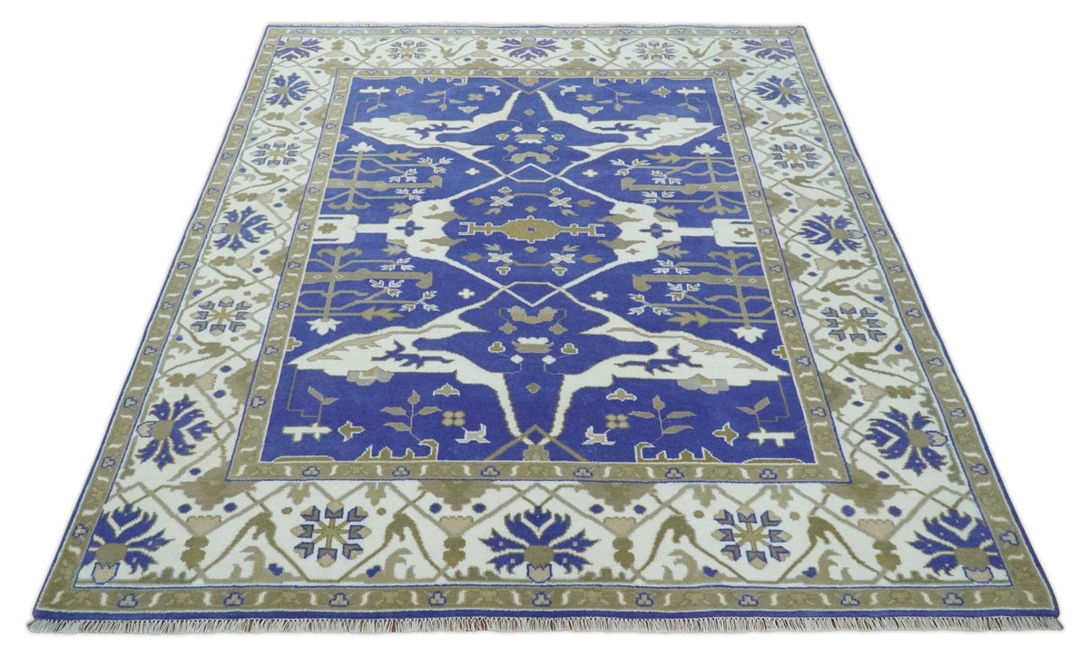 Custom Made Violet, Ivory and Olive Traditional Hand knotted Oriental Oushak wool Area Rug.