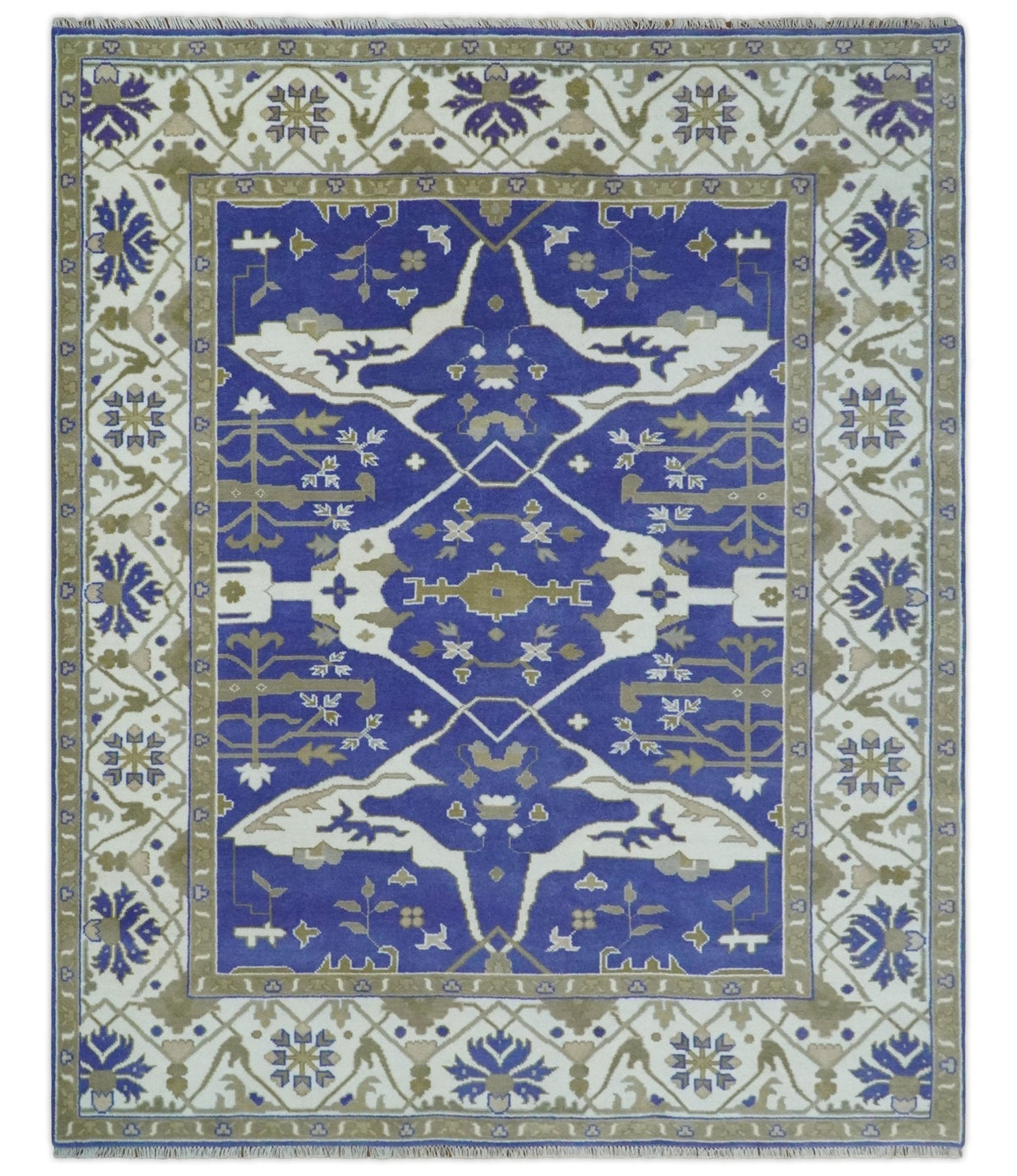 Custom Made Violet, Ivory and Olive Traditional Hand knotted Oriental Oushak wool Area Rug.