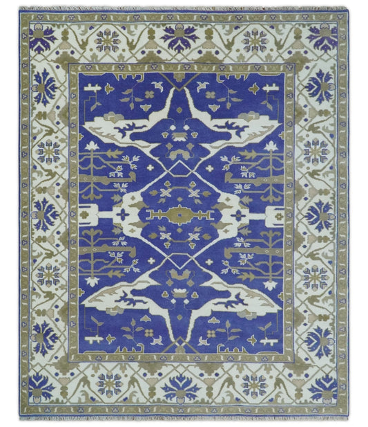 Custom Made Violet, Ivory and Olive Traditional Hand knotted Oriental Oushak wool Area Rug.
