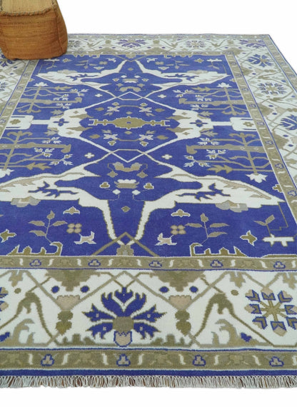 Custom Made Violet, Ivory and Olive Traditional Hand knotted Oriental Oushak wool Area Rug.
