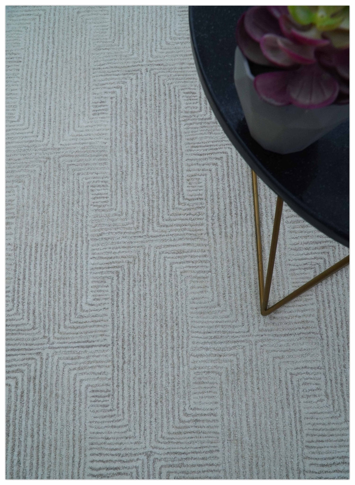 Custom Made White Beige Modern Style Hand Tufted Wool Area Rug.