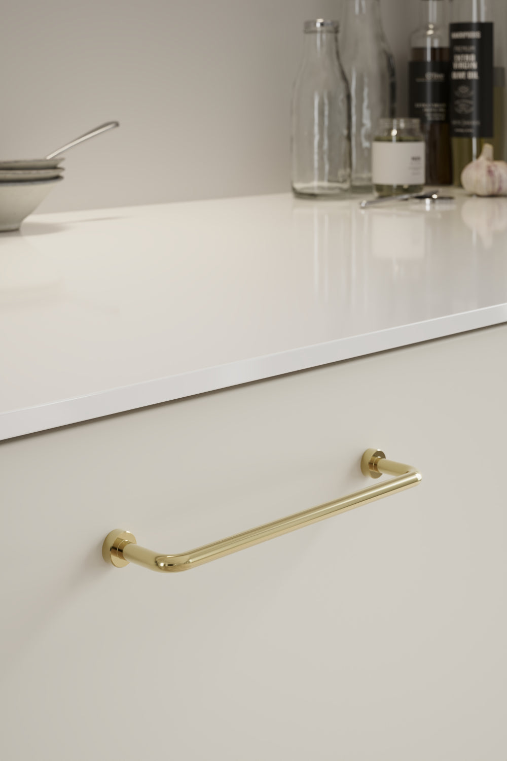Polished Brass "Lounge" Cabinet Knob and Wire Drawer Pulls.