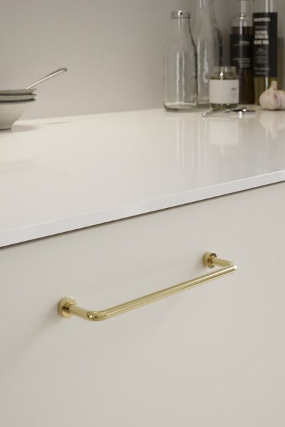 Polished Brass "Lounge" Cabinet Knob and Wire Drawer Pulls.