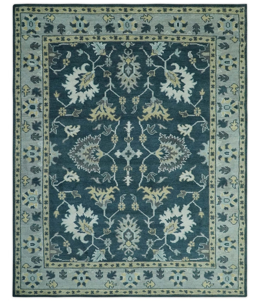 Dark Teal, Silver, Blue and Ivory Hand Knotted Traditional Oushak Multi Size Area Rug.