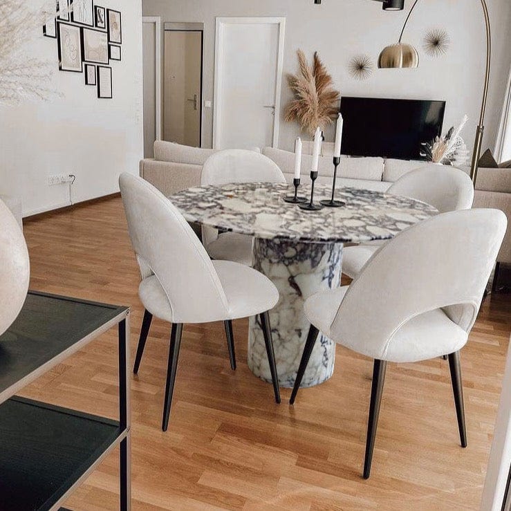 Villohome | Online Flooring Shop Dinner Table Marble / (D)48" (H)30" / Polished Calacatta Viola Marble Round Dining Table with Round Marble Legs (D)48" (H)30" Calacatta Viola Marble Round Dining Table with Round Marble Legs (D)48" (H)30"