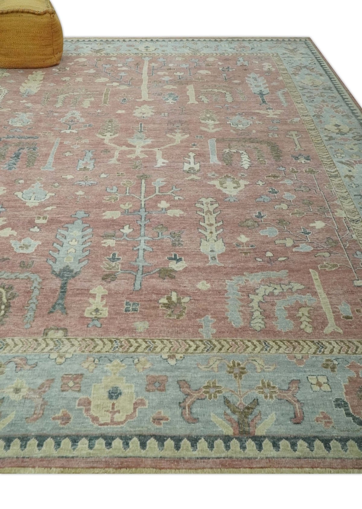 Distress Finished Tree of Life Hand Knotted Rust and Blue Custom Made Wool Rug.